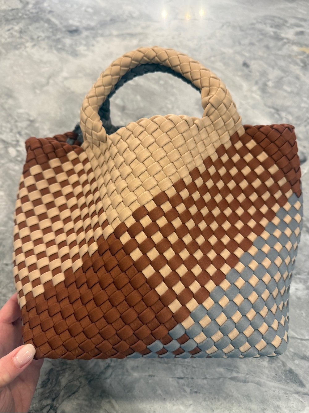 Naghedi Woven Crossbody Bag in Tan, Brown & Light Blue